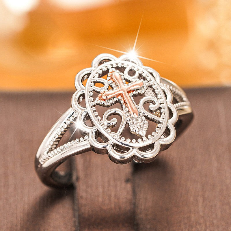 Vintage Lace‑Style Hollow Two‑Tone Cross Women’s Ring