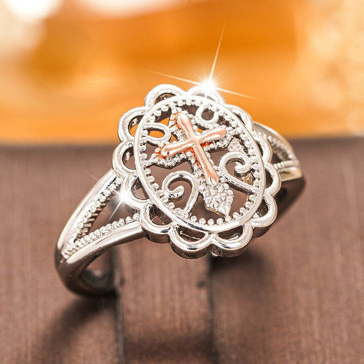 Vintage Lace‑Style Hollow Two‑Tone Cross Women’s Ring