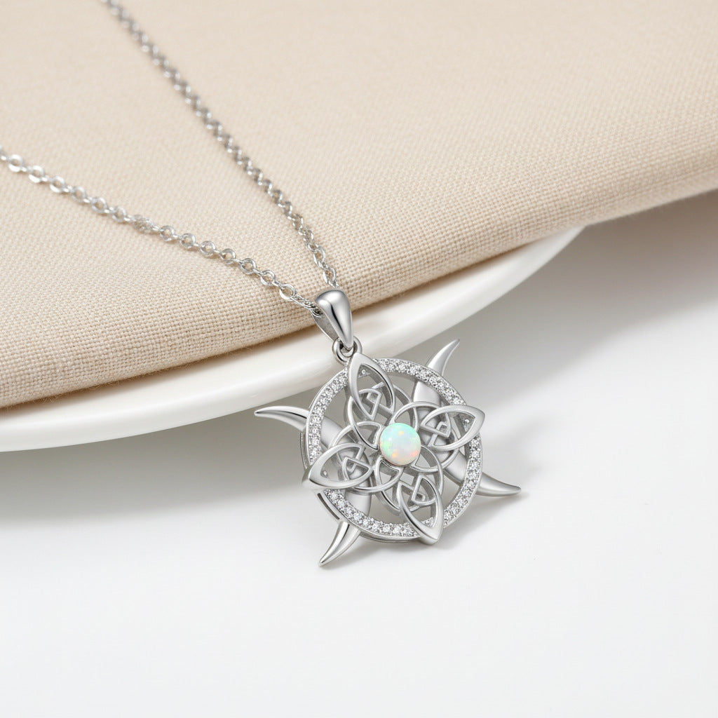 Celtic Knot Triple Moon S925 Silver Necklace, Opal Hollow Retro Pendant Choker, Mystical Diamond Ladies Necklace