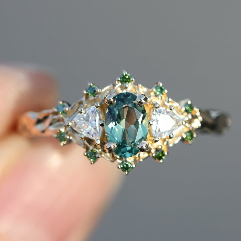 Two-Tone Gold Teal Diamond Forest-Style Ring (Vintage Luxury Engagement Band)