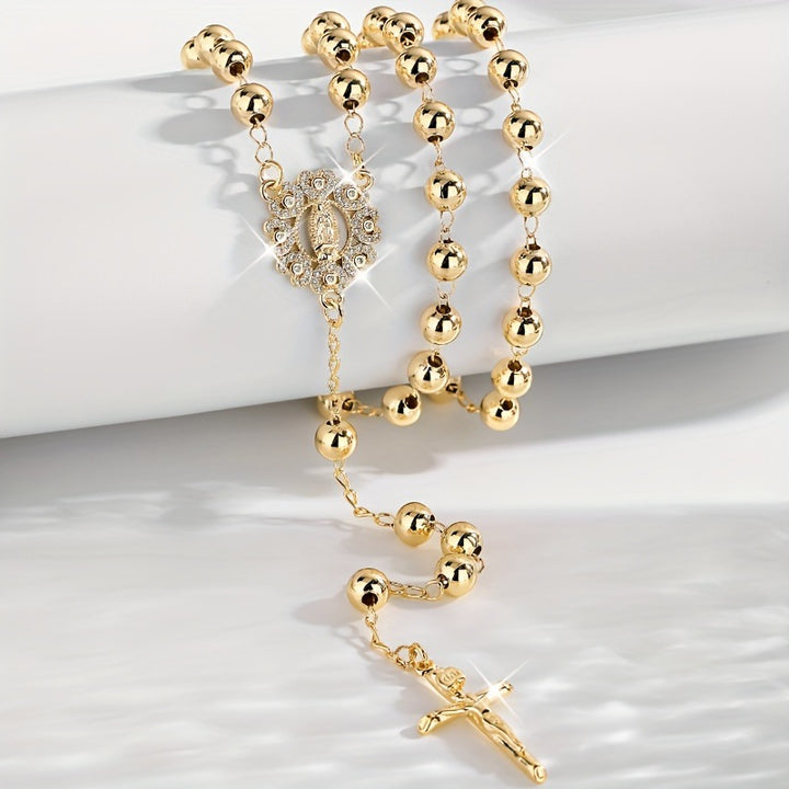 Tri-Color Faceted Bead Virgin Mary Cross Bracelet, Religious Diamond Saint Medal Jewelry, Gold Plated Rosary Bracelet for Women