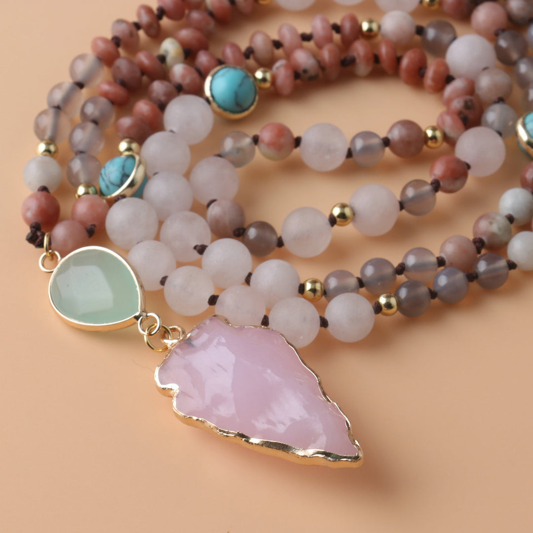 Gentle Style Pink Crystal Leaf Multi-Stone Long Beaded Necklace, Natural Frosted Jade Turquoise Vintage Versatile Sweater Chain