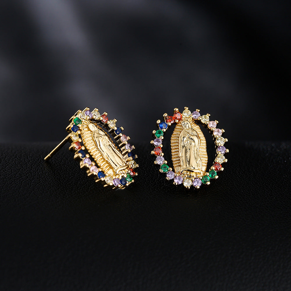 Our Lady Gemstone Stud Set (Light Luxury Niche Religious Earrings)