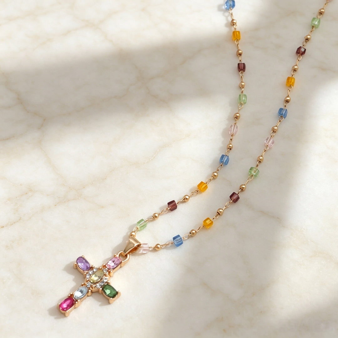 Colorful Gem Cross Pendant Necklace, Two Styles Available