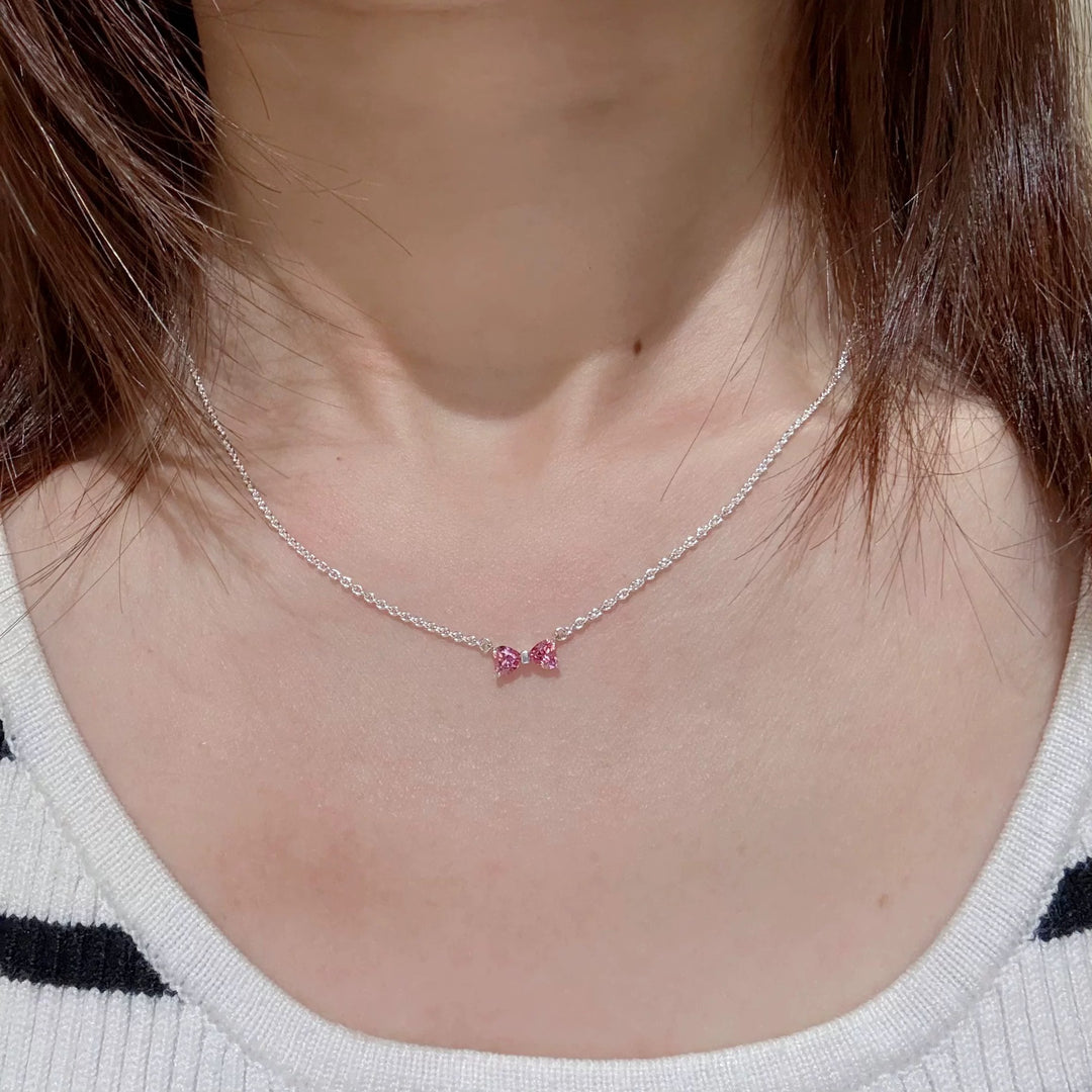 Pink Heart Diamond Bow Jewelry Set, S925 Silver Sweet Girly 3-Piece Necklace Earring Ring Kit