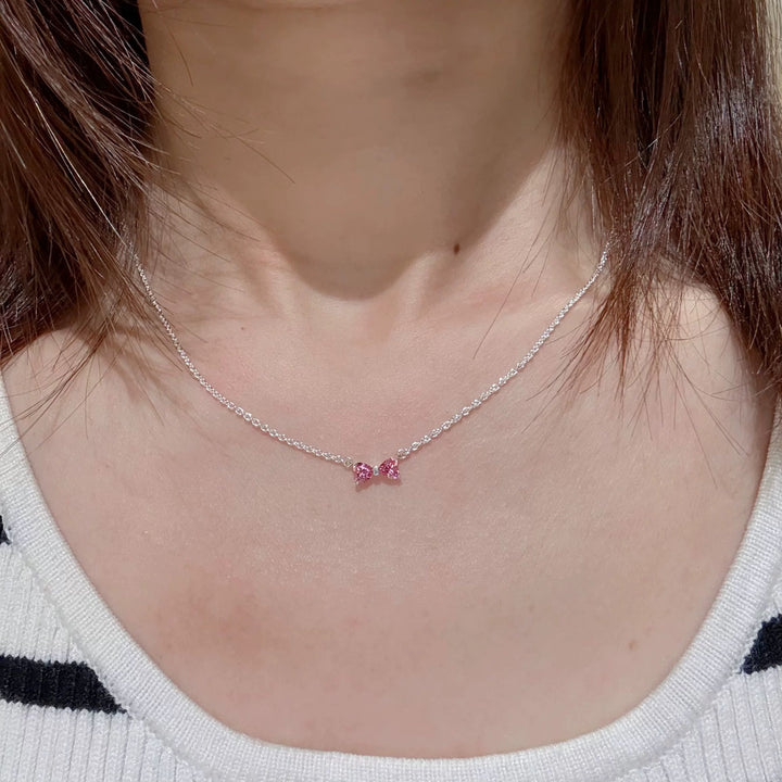 Pink Heart Diamond Bow Jewelry Set, S925 Silver Sweet Girly 3-Piece Necklace Earring Ring Kit