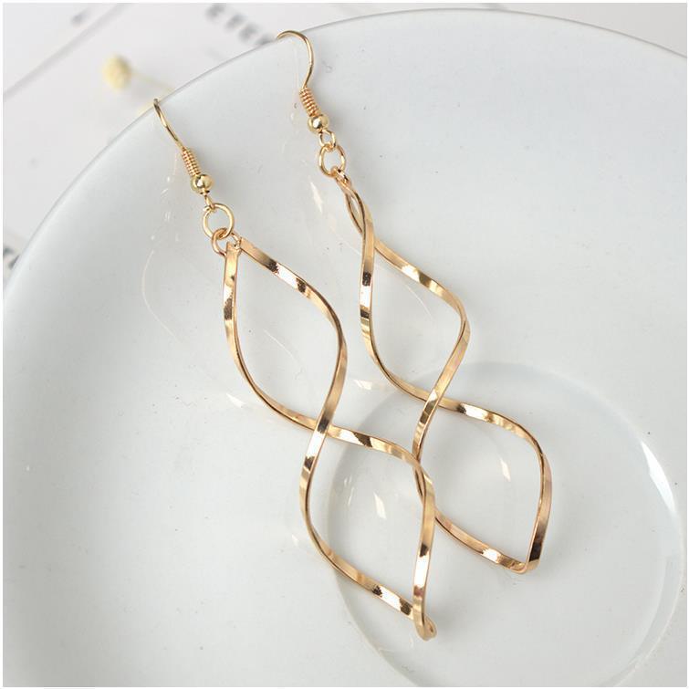 Twisted Rhombus Long Hook Earrings, Geometric Spiral Hollow Drop Earrings, Gold & Silver Tone S925 Silver Face Slimming Earrings
