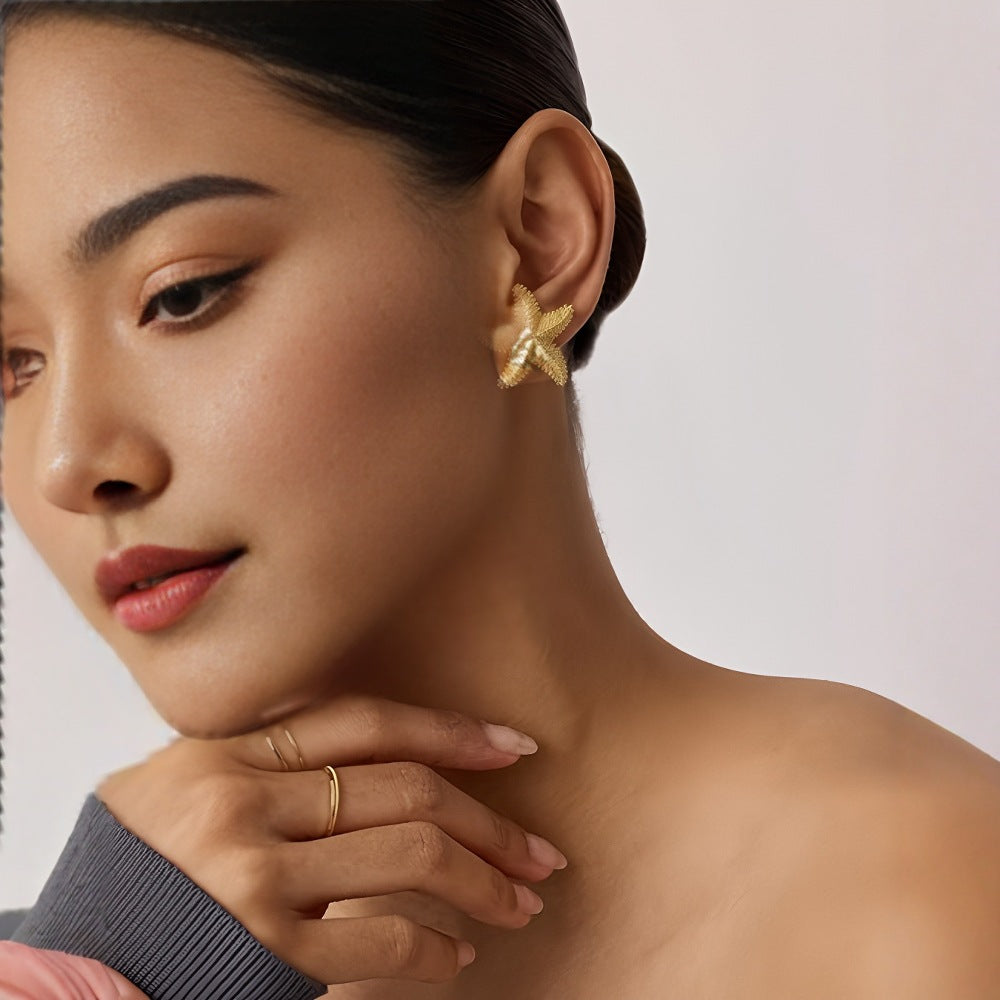 Textured 3D Starfish Stud Earrings, Vintage Granulated Ocean Style Star Jewelry Gold & Silver Vacation Accessories