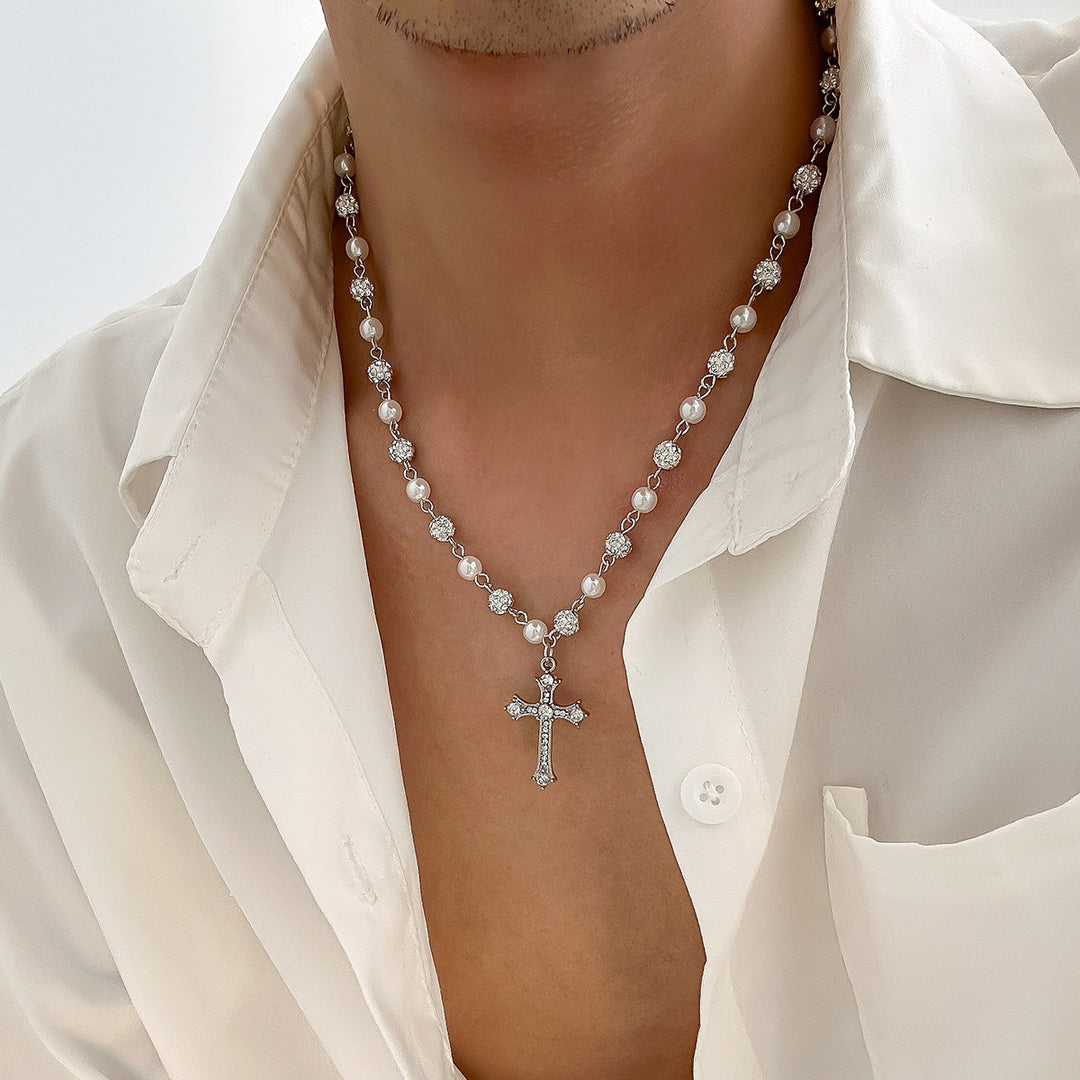 Pearl & Diamond Cross Pendant Necklace (Y2K Edgy Choker)