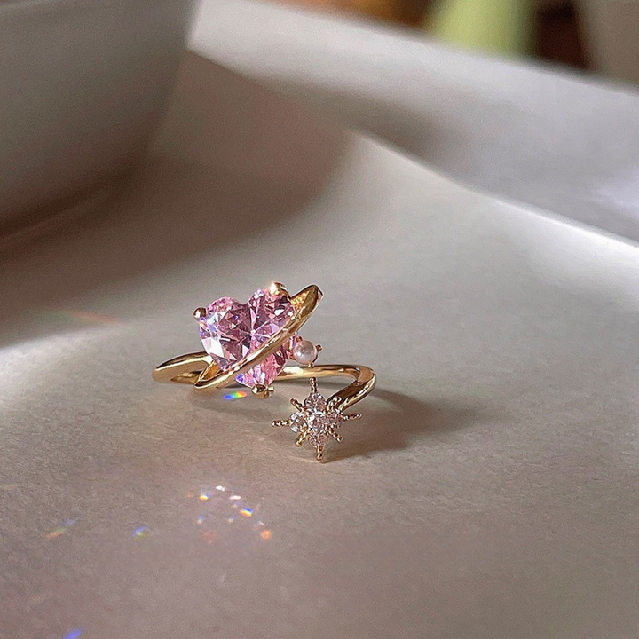 Planet‑Style Heart Pink Diamond Star Open Ring, Two‑Tone Options