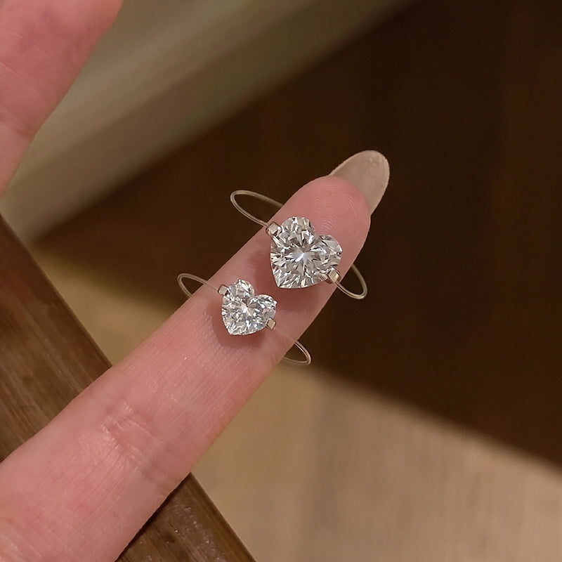 Minimalist Heart Solitaire Thin Band Ring, Slim Ring with Large & Small Heart Diamond Two Sizes