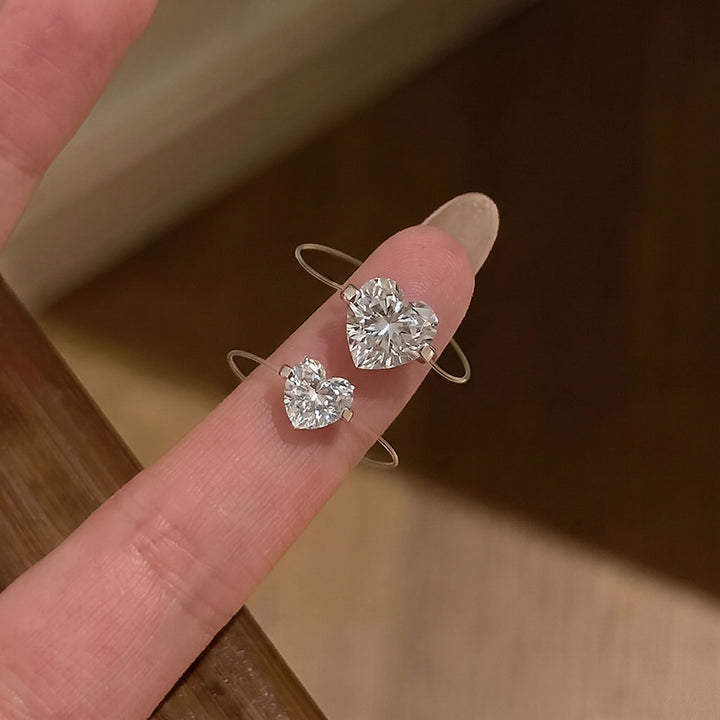 Minimalist Heart Solitaire Thin Band Ring, Slim Ring with Large & Small Heart Diamond Two Sizes