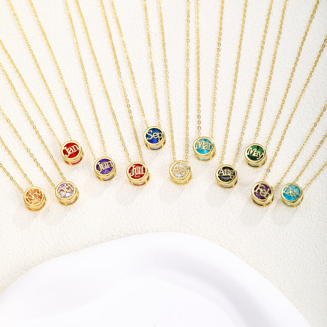 12‑Month Birthstone Round Letter Pendant Necklace, Multi‑Color Options