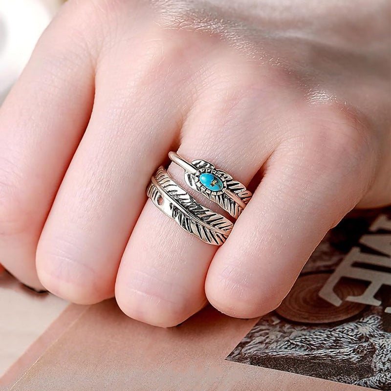Vintage Feather Turquoise Open Adjustable Ring, Ethnic Antique Silver Unisex Wrap Statement Ring