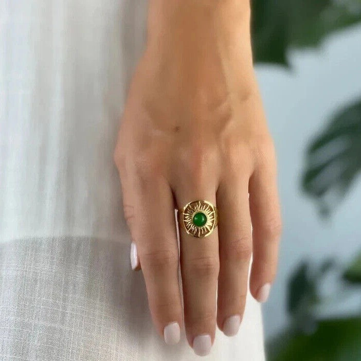 Openwork Sunburst Green Chalcedony Bezel Ring, Solid S925 Silver Gold-Plated Vintage Sun God Unique Band