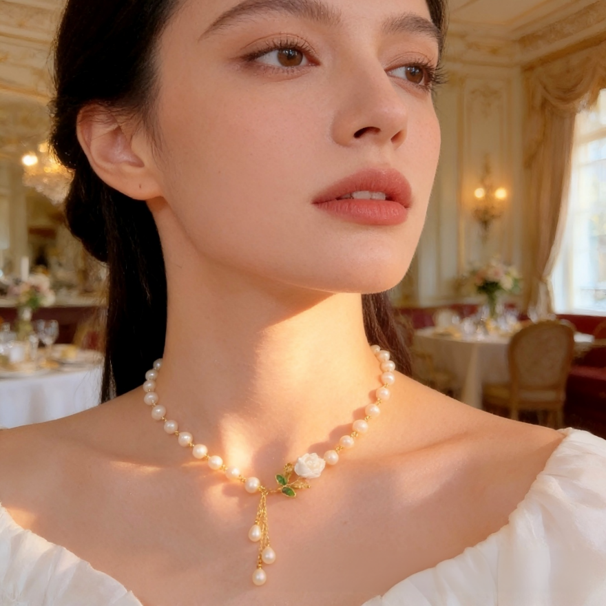 S925 Silver Rose Pearl Tassel Necklace, French Gentle Style Camellia Adjustable Pearl Clavicle Chain