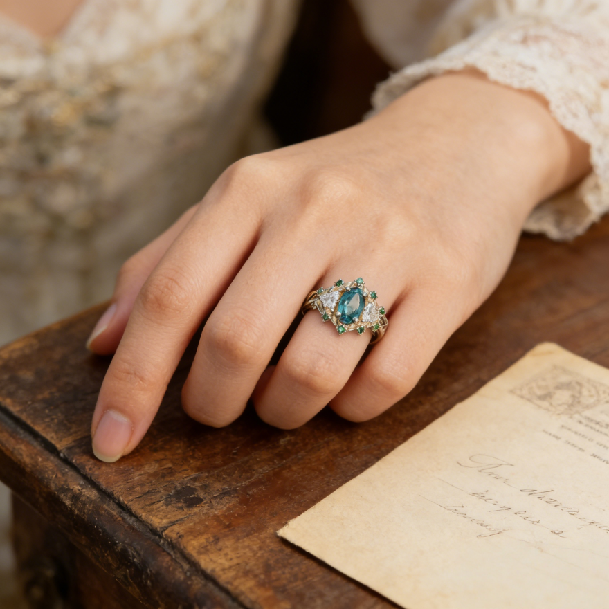 Two-Tone Gold Teal Diamond Forest-Style Ring (Vintage Luxury Engagement Band)