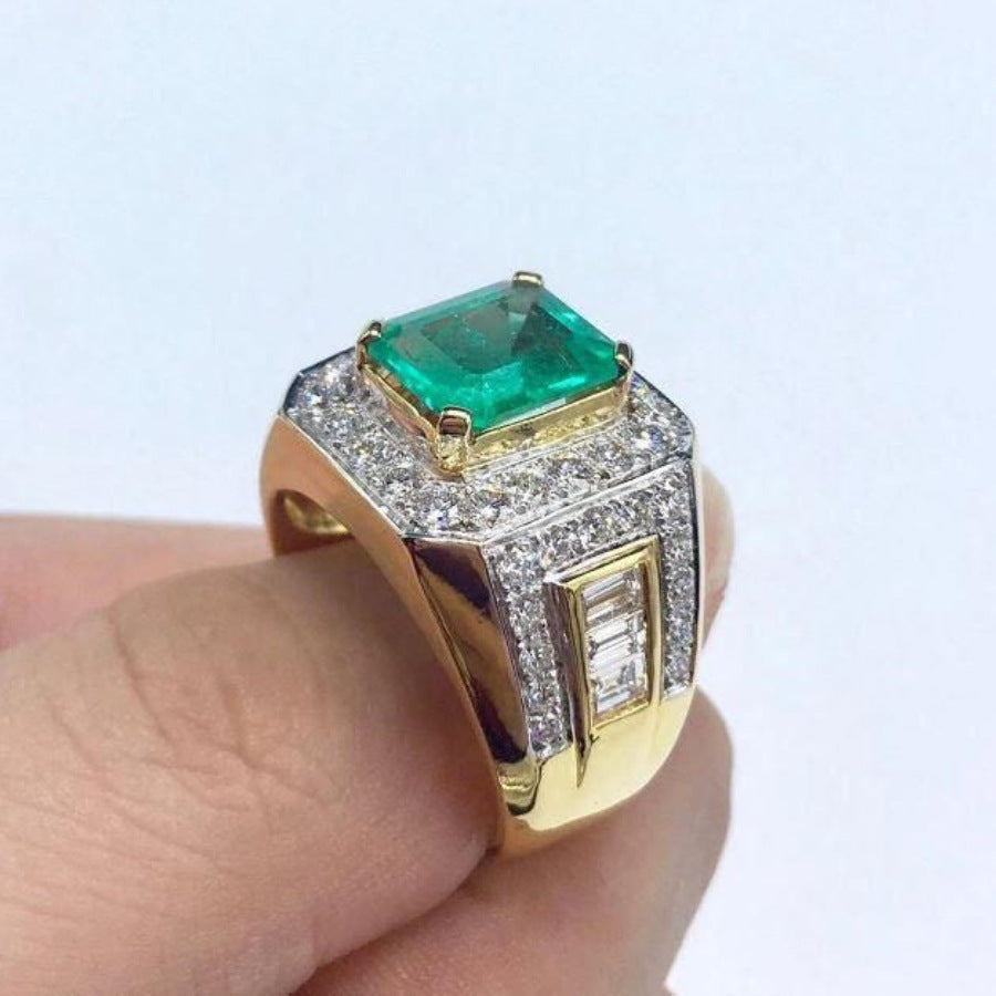 Men’s Square Green Center Stone Halo Bold Ring