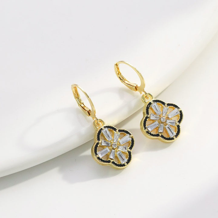 Vintage Enamel Clover Pave Diamond Hoop Earrings, Light Luxury Double Layer Shell Drop Dangles