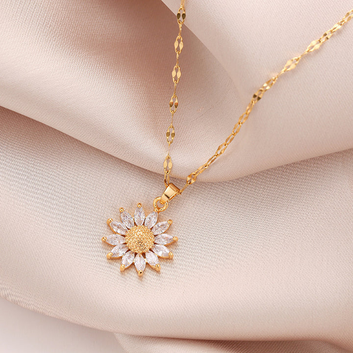 Pave Diamond Sunflower Collarbone Necklace, Marquise Crystal Sun‑Flower Pendant, Gold & Silver Two‑Tone Multiple Chain Styles Dainty Jewelry
