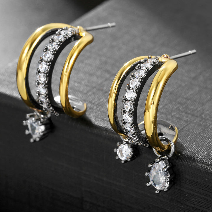 Two-Tone Triple C-Shape Diamond Drop Earrings, Vintage Gold & Gunmetal Luxury Dangle Hoops for Women