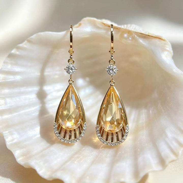 Hollow Fan-shaped Teardrop Diamond Hook Earrings, Luxury Long Dangle Earrings, Two Colors Available