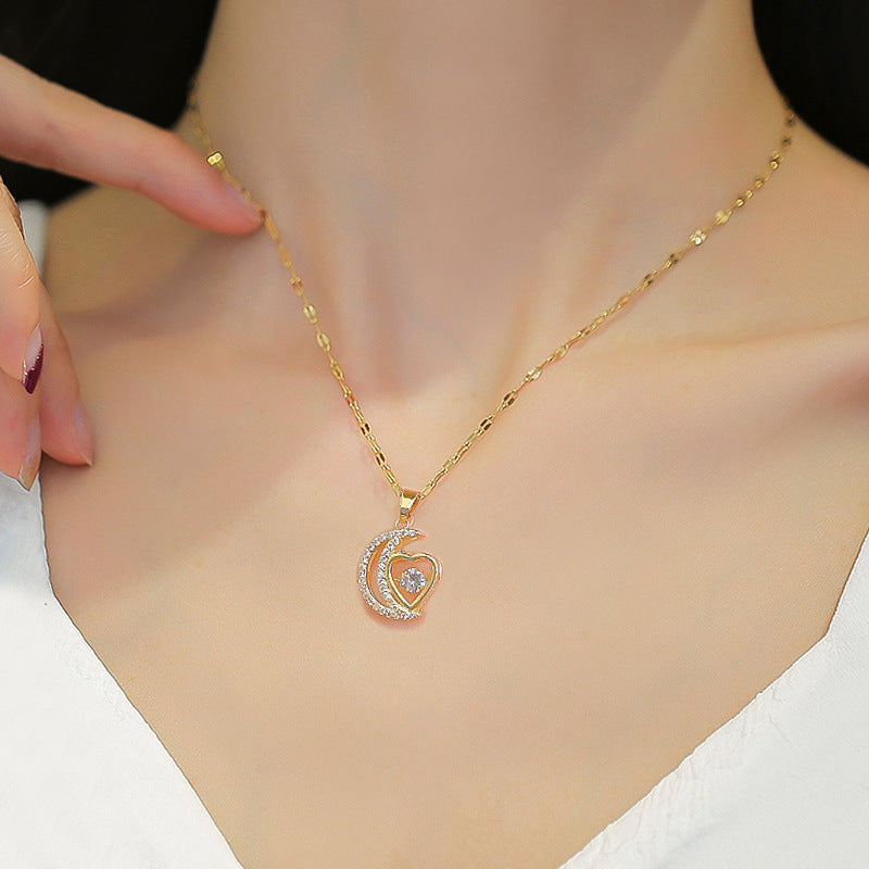 Gold Hollow Moon & Heart Pendant Necklace