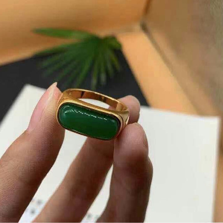 Rectangle Cabochon Chalcedony Bezel Ring, Gold Silver Minimal Plain Stone Unisex Band
