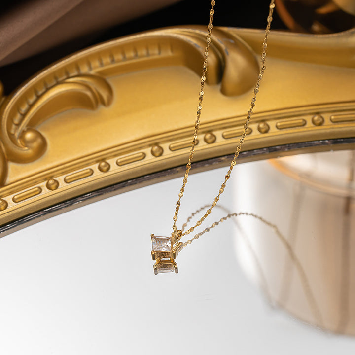 Single Square Diamond Prong-Set Necklace (Gold Tone Shimmer Chain Pendant)