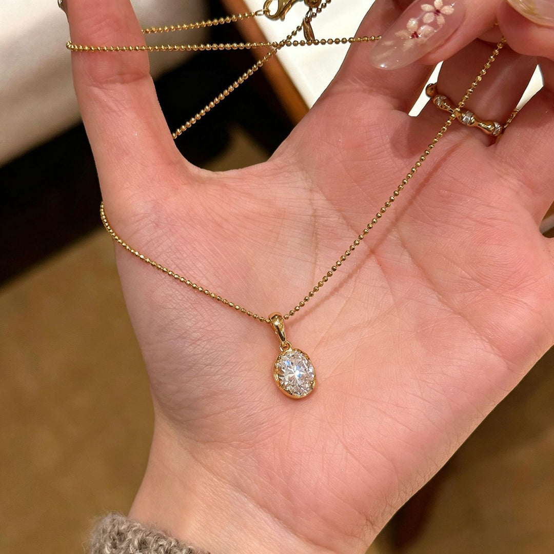 Oval Shiny Diamond Bezel Set Collarbone Necklace, 2 Colors Gold & Silver Minimal Luxury Oval Diamond Jewelry