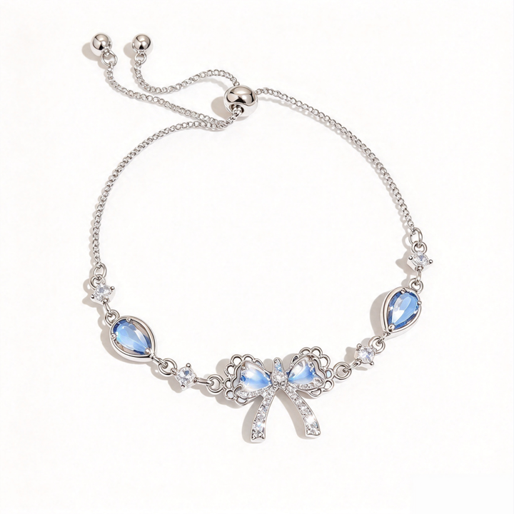 S925 Silver Blue Diamond Bow Slider Bracelet, Sweet Style Adjustable Bracelet with Teardrop Diamonds