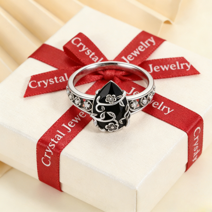 Vintage Vine Black Agate Ring (Light Luxury Niche Dark Style Band)