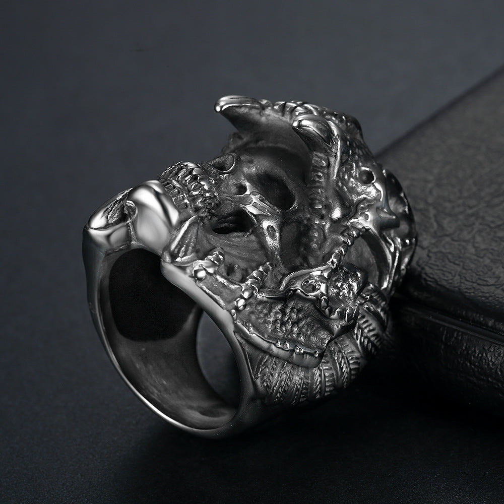 3D Beast Skull Wrapped Skeleton Wide Ring, S925 Silver Black / Antiqued Silver / Silver-Gold Two-Tone Heavy Dark Unisex Band