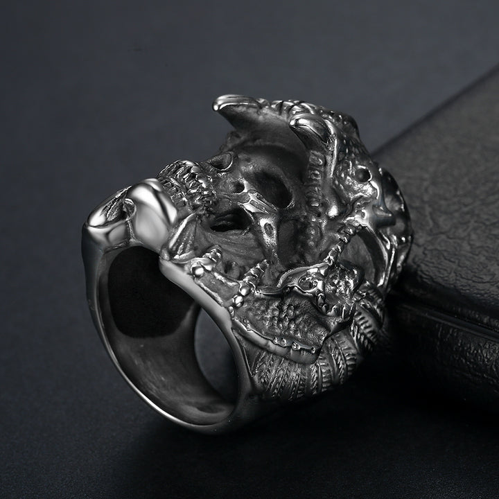 3D Beast Skull Wrapped Skeleton Wide Ring, S925 Silver Black / Antiqued Silver / Silver-Gold Two-Tone Heavy Dark Unisex Band