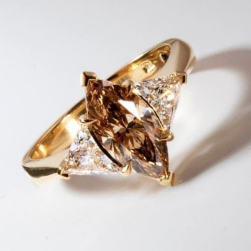 Marquise‑Cut Brown Center Diamond With Trillion‑Side‑Diamonds Gold‑Tone Engagement Ring