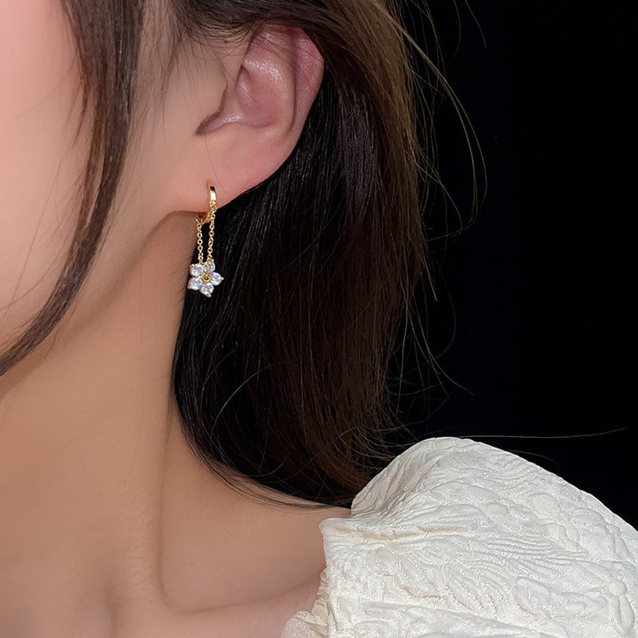 Crystal Flower Chain Huggie Earrings, Dainty 5-Petal Floral Drop Hoops