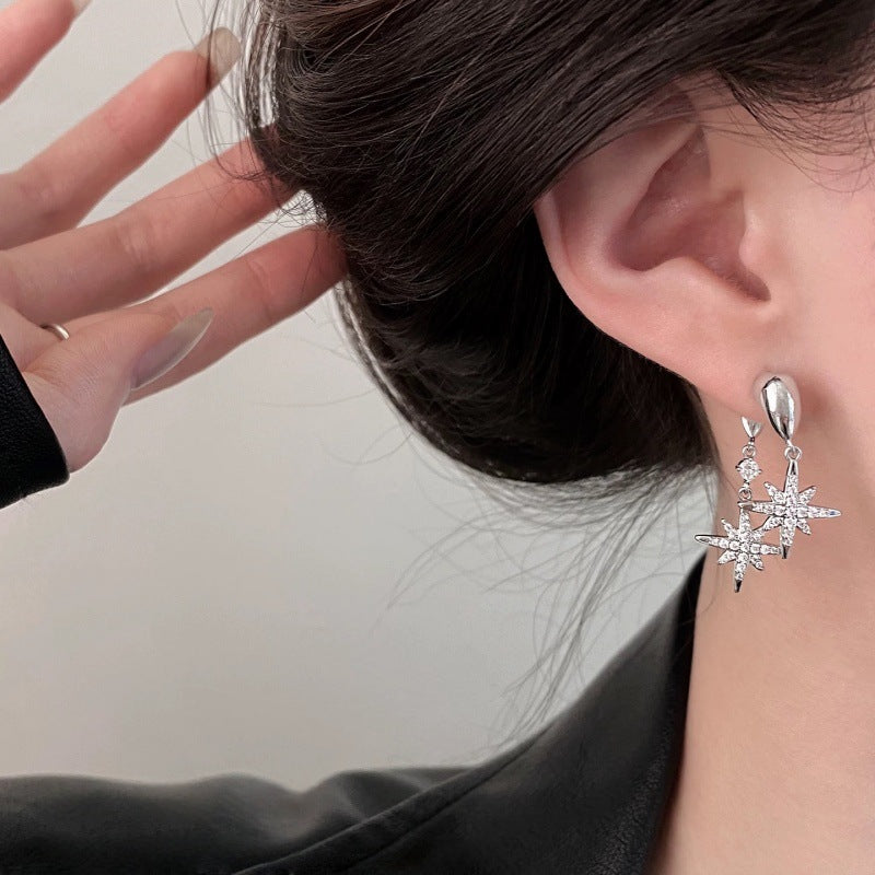 Double Octagram Paved Diamond S925 Silver Drop Earrings, Luxury Twin Star Long Earrings in Gold & Silver Tone