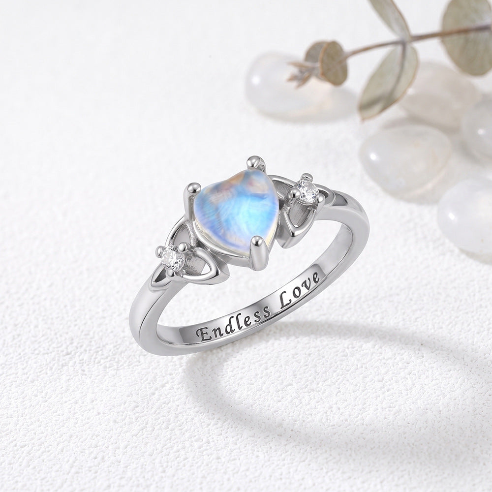 S925 Silver Heart‑Shaped Moonstone Engraved Ring, Celtic Knot Romantic Statement Ring for Women