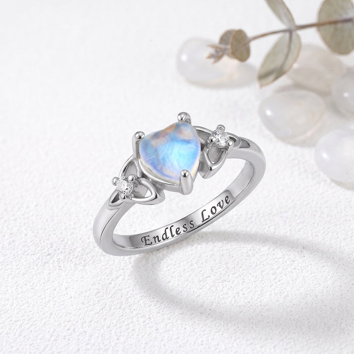 S925 Silver Heart‑Shaped Moonstone Engraved Ring, Celtic Knot Romantic Statement Ring for Women