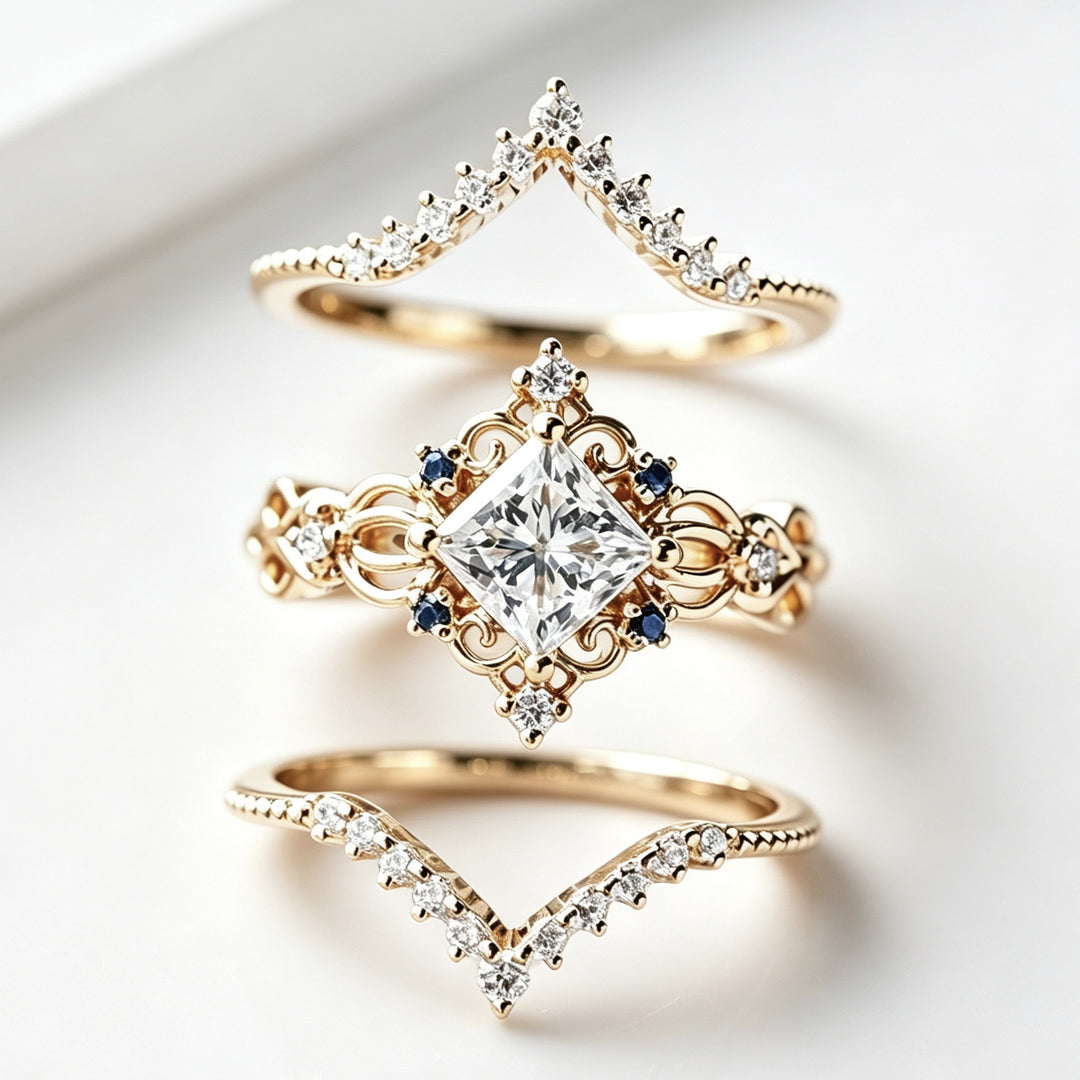 Vintage Filigree Princess Cut Sapphire 3-Piece Ring Set, Solid S925 Silver Gold Tone Bridal Stackable Jewelry Set