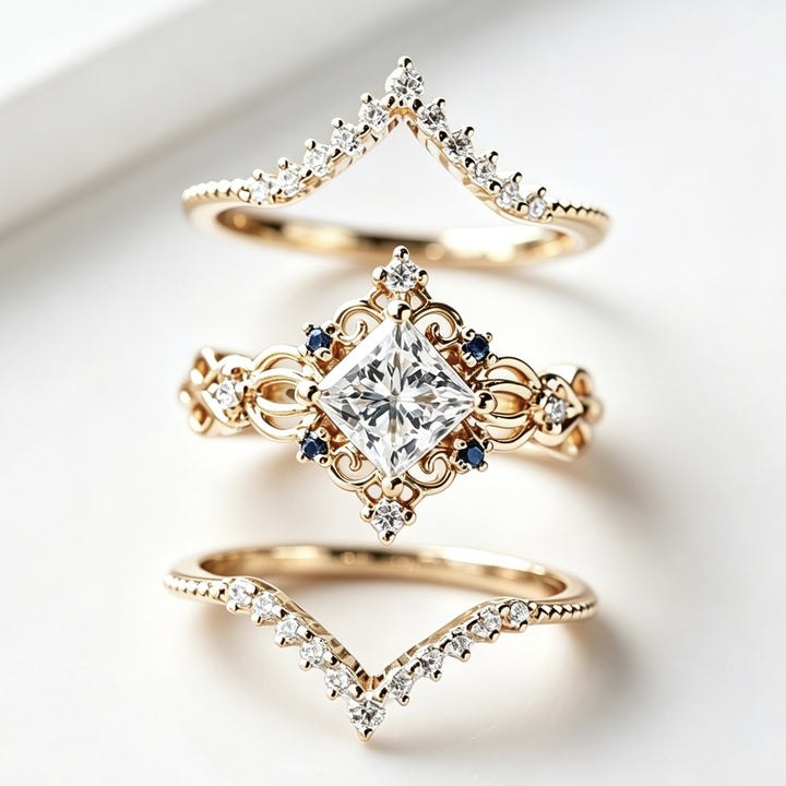 Vintage Filigree Princess Cut Sapphire 3-Piece Ring Set, Solid S925 Silver Gold Tone Bridal Stackable Jewelry Set