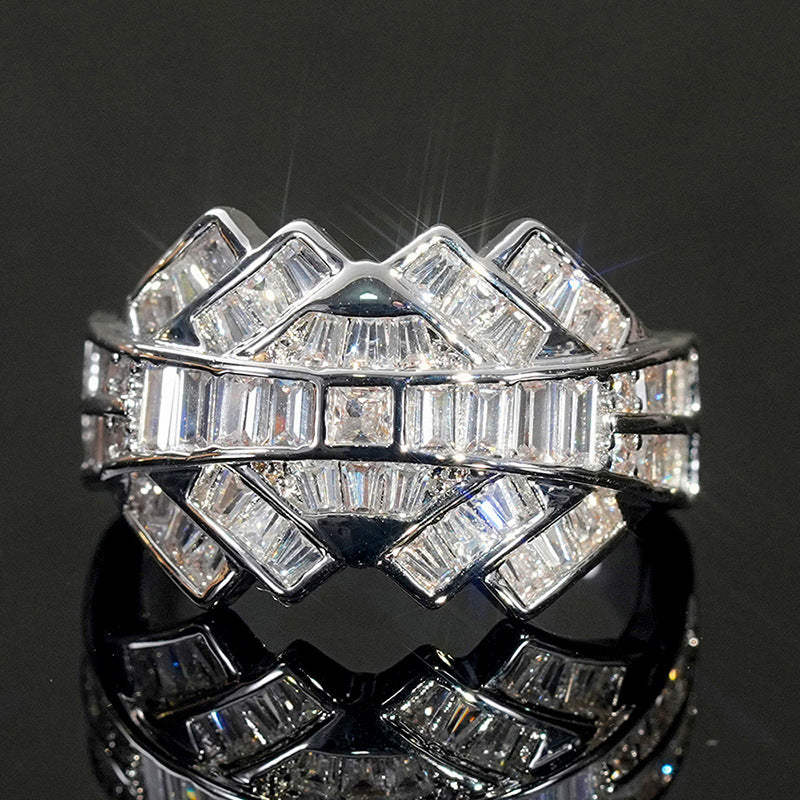 Double Layer Interwoven Baguette Diamond Wavy Wide Ring, Solid S925 Silver Gold & Silver Two-Tone Luxury Heavy Pave Band