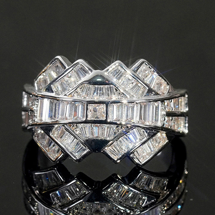 Double Layer Interwoven Baguette Diamond Wavy Wide Ring, Solid S925 Silver Gold & Silver Two-Tone Luxury Heavy Pave Band