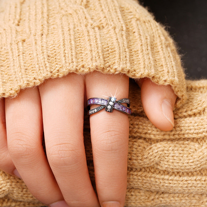 Twisted Cross Purple Crystal Black Gold Ring, Vintage Gunmetal Intertwined Ribbon Band Women Dark Luxury Jewelry