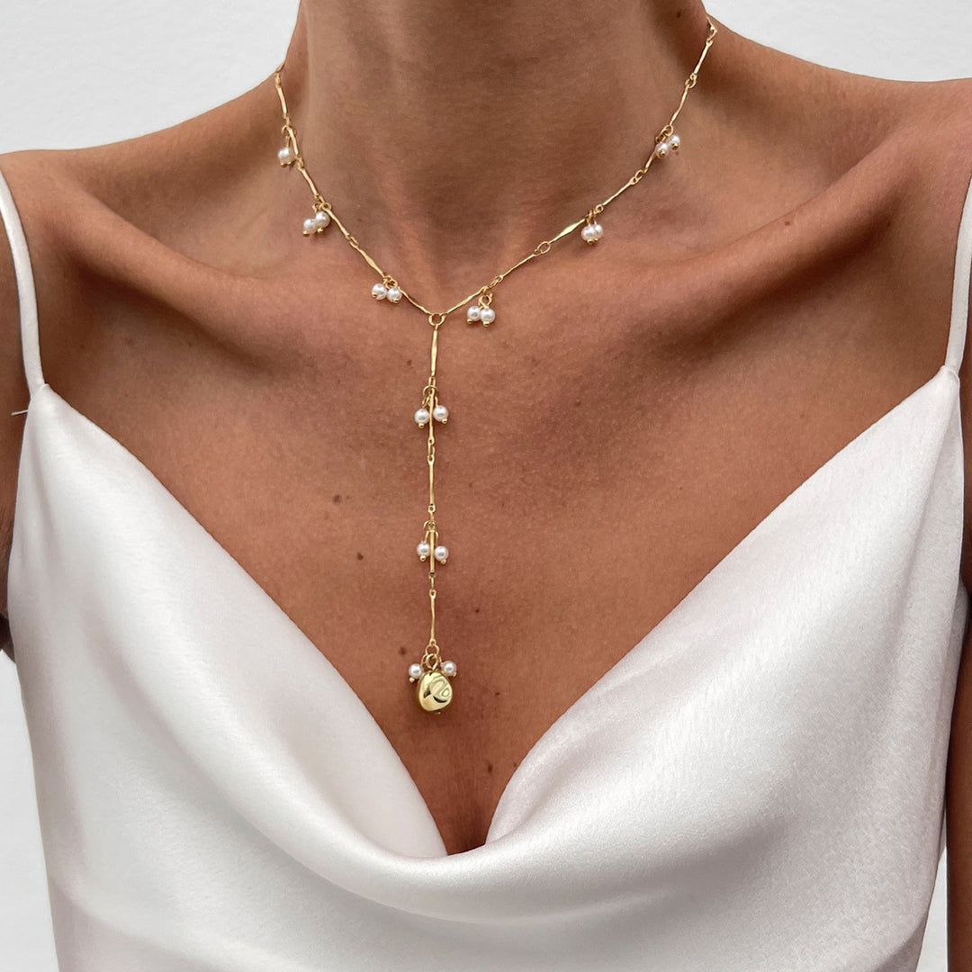 Dangling Pearl Y-Shaped Clavicle Necklace, Soft Multi Cluster Pearl Long Thin Chain