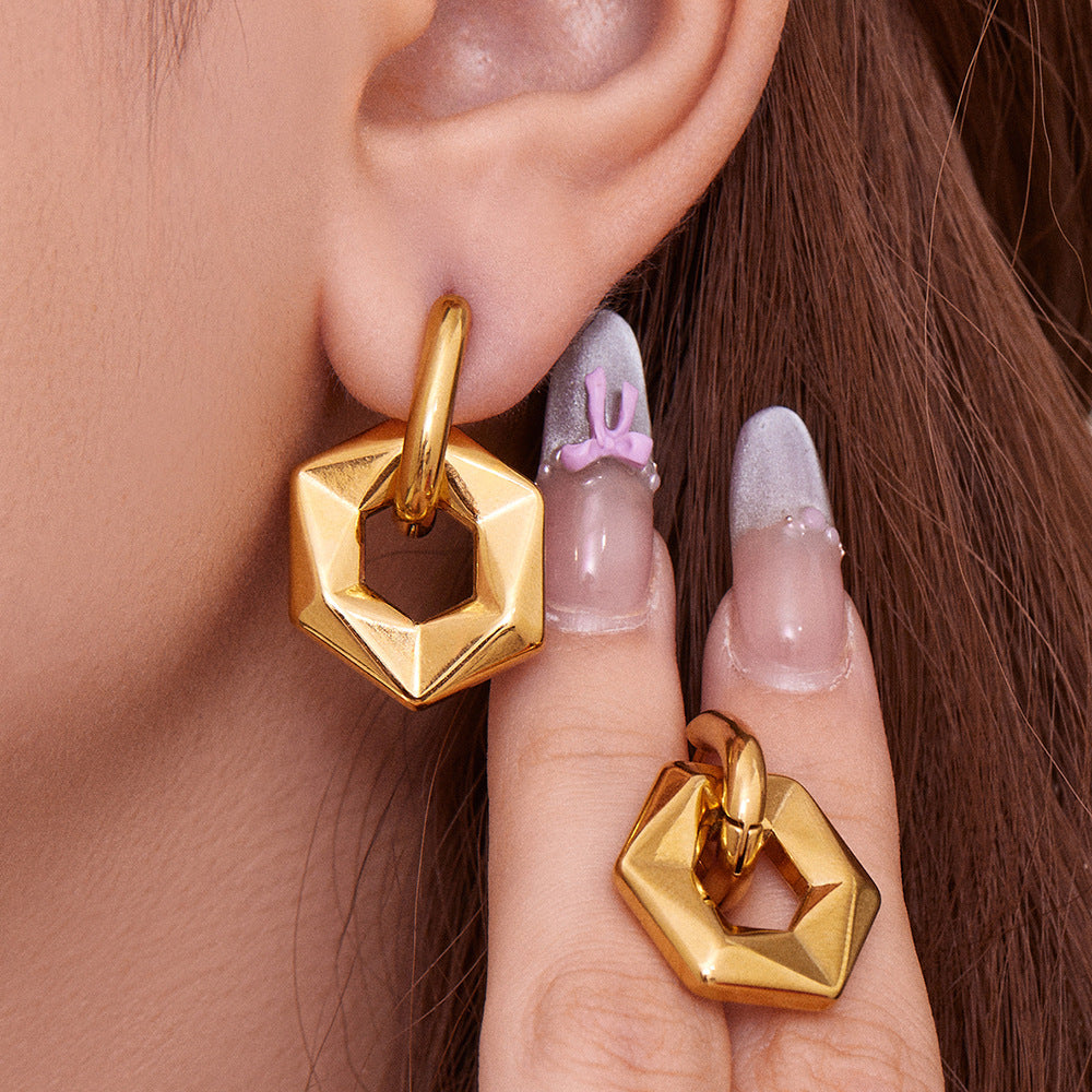 Faceted Geometric S925 Silver Huggie Earrings, Gold & Silver Two Tones Detachable Hexagon Drop Earrings