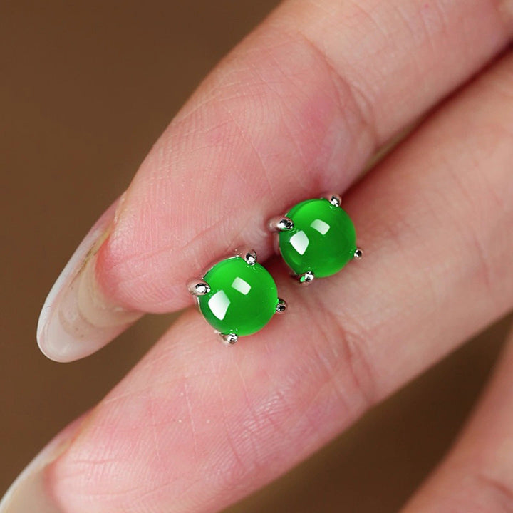 Round Green Chalcedony Four‑Prong Stud Earrings