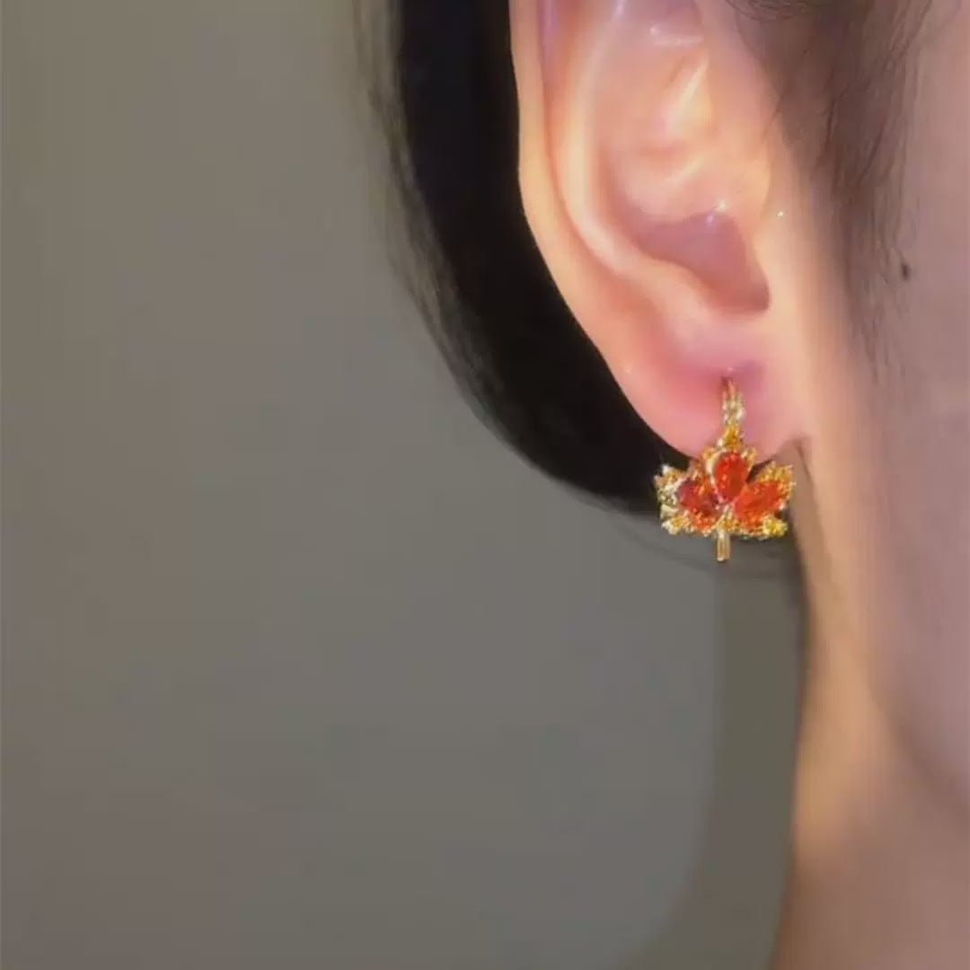 Two-Sided Clear/Orange Diamond Maple Leaf Huggie Earrings (Dual-Color Design (Front and Back))