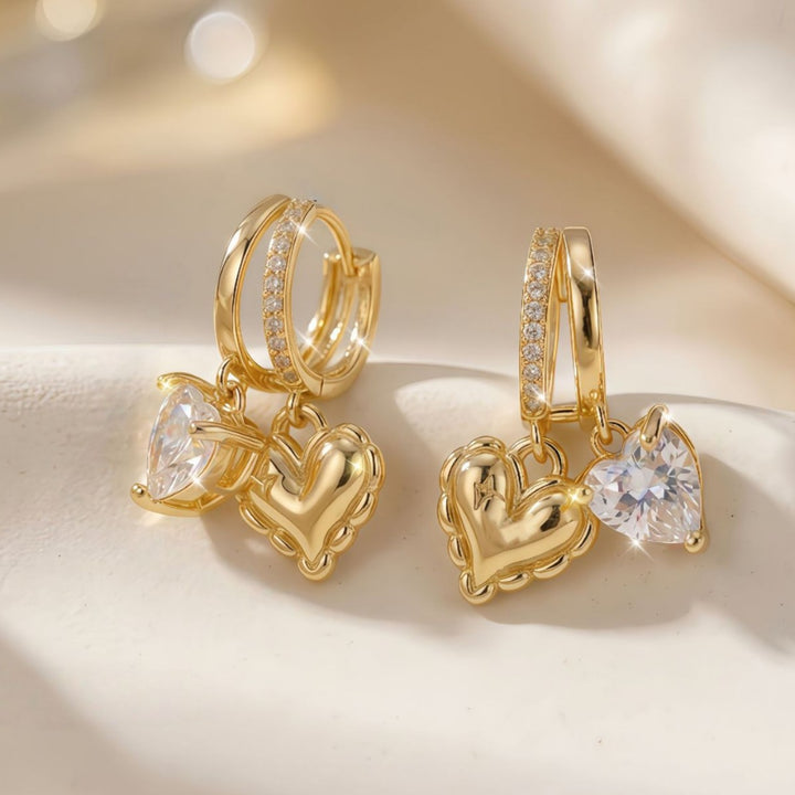 Double Heart Diamond Hoop Earrings, Luxury 3D Heart Pendant Drop Earrings, Gold Versatile Earrings