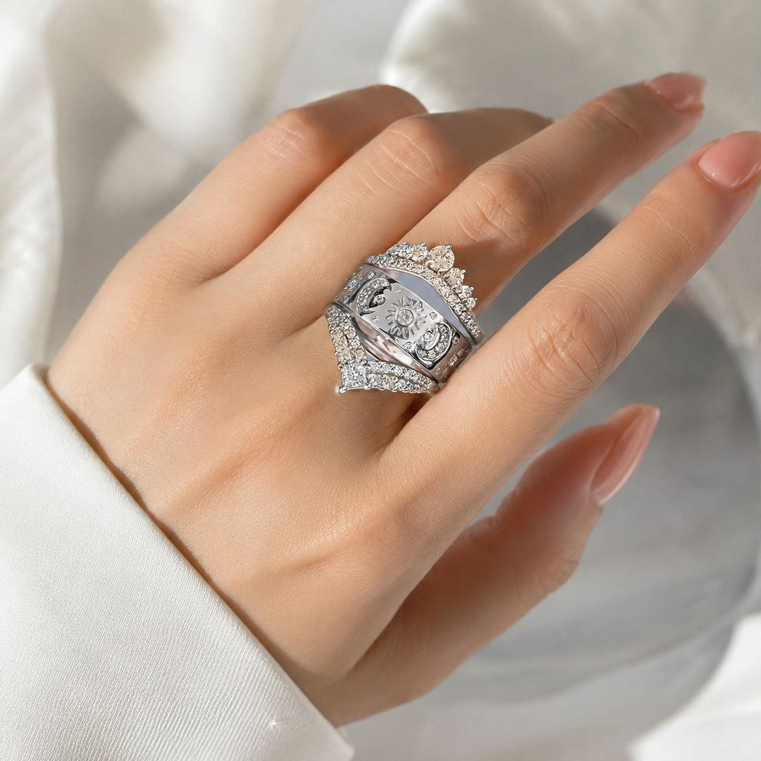 Sun Moon Star 3Pcs Ring Set, Crown V-Shape Vintage Engraved Stacking Bands Gold Silver Bridal Ring Set